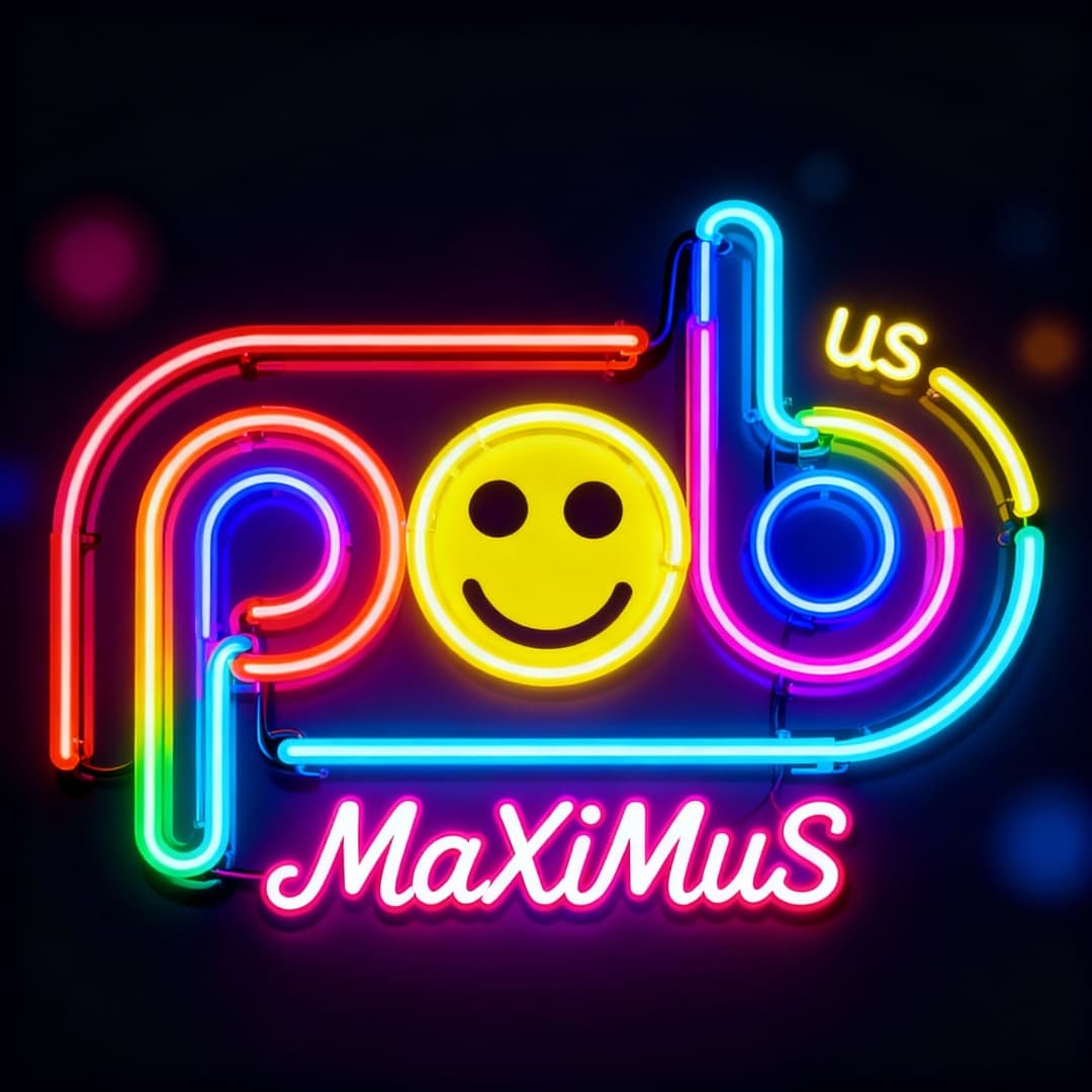 POBus MaXiMuS neon-tube wordmark glowing in pink, cyan, yellow and green